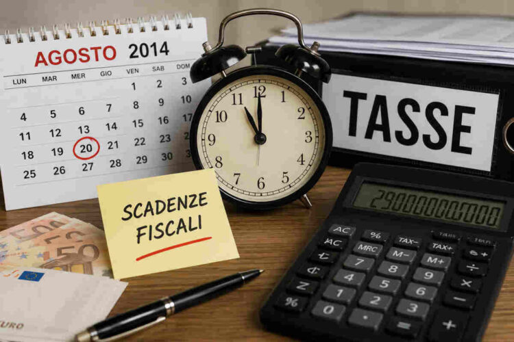 Calendario di agosto 2014 con la scadenza del 20 agosto evidenziata, calcolatrice, banconote in euro e documenti fiscali che rappresentano le principali scadenze tributarie del mese.