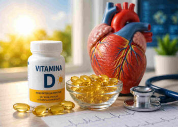 Integratore di vitamina D accanto a un modello anatomico del cuore e a uno stetoscopio, simbolo del legame tra vitamina D e salute cardiovascolare.