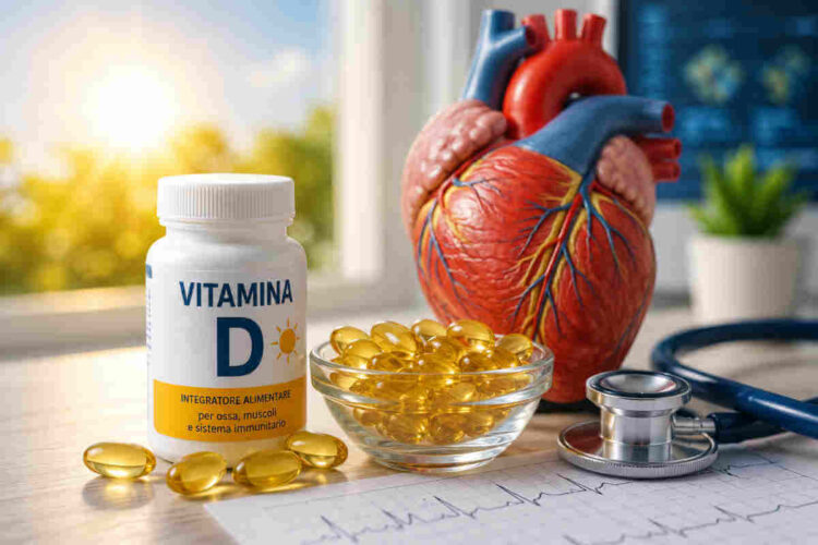 Integratore di vitamina D accanto a un modello anatomico del cuore e a uno stetoscopio, simbolo del legame tra vitamina D e salute cardiovascolare.