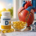 Integratore di vitamina D accanto a un modello anatomico del cuore e a uno stetoscopio, simbolo del legame tra vitamina D e salute cardiovascolare.