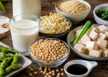Alimenti a base di soia, tofu, bevanda di soia e verdure disposti su una tavola per un articolo dedicato ai benefici nutrizionali della soia.