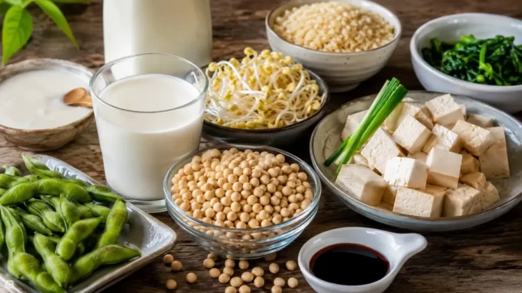 Alimenti a base di soia, tofu, bevanda di soia e verdure disposti su una tavola per un articolo dedicato ai benefici nutrizionali della soia.