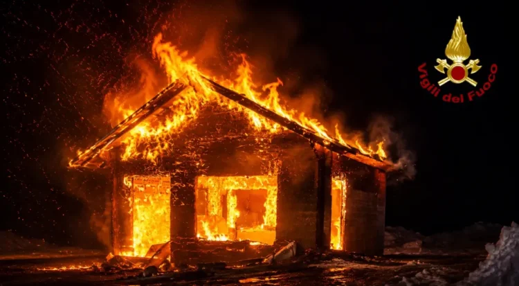 Incendio dello chalet Grillo Parlante a Piano Provenzana, sull’Etna, con la struttura avvolta dalle fiamme durante la notte.