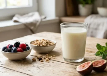 Bicchiere di kefir naturale su superficie in legno con frutti di bosco e cereali integrali, in una cucina luminosa