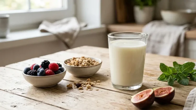 Bicchiere di kefir naturale su superficie in legno con frutti di bosco e cereali integrali, in una cucina luminosa