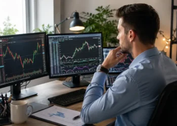 Trader online al lavoro davanti a monitor con grafici dei mercati finanziari durante una normale giornata operativa.