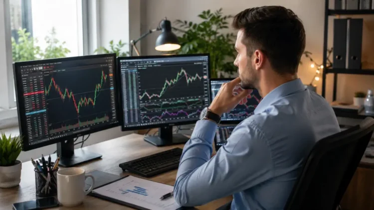 Trader online al lavoro davanti a monitor con grafici dei mercati finanziari durante una normale giornata operativa.