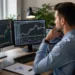 Trader online al lavoro davanti a monitor con grafici dei mercati finanziari durante una normale giornata operativa.