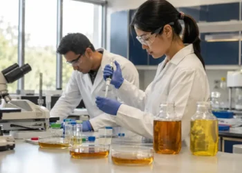 Laboratorio dell’Università dell’Illinois con analisi sull’olio di frittura riutilizzato e strumenti scientifici sul banco.