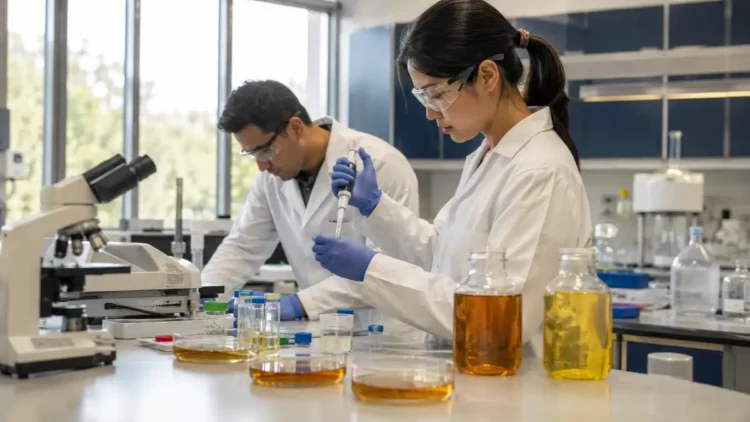Laboratorio dell’Università dell’Illinois con analisi sull’olio di frittura riutilizzato e strumenti scientifici sul banco.