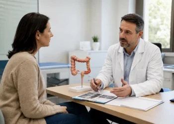Paziente durante una visita gastroenterologica per la diagnosi e il trattamento della malattia di Crohn.