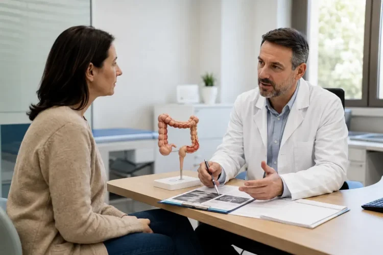 Paziente durante una visita gastroenterologica per la diagnosi e il trattamento della malattia di Crohn.