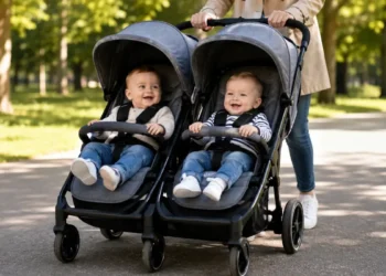 Passeggino gemellare con due bambini durante una passeggiata in un parco alberato.