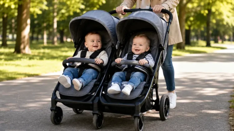 Passeggino gemellare con due bambini durante una passeggiata in un parco alberato.