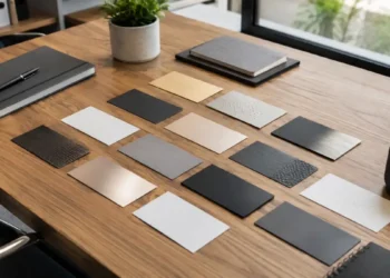 Biglietti da visita moderni con materiali diversi su un tavolo da lavoro, fotografia editoriale.