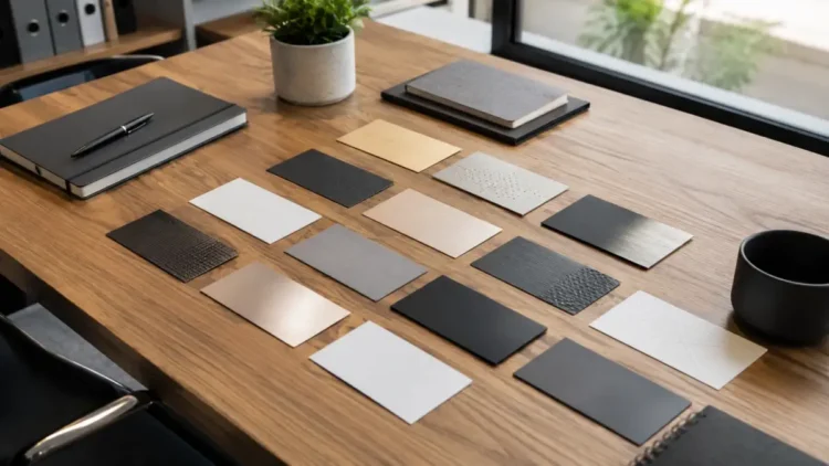 Biglietti da visita moderni con materiali diversi su un tavolo da lavoro, fotografia editoriale.
