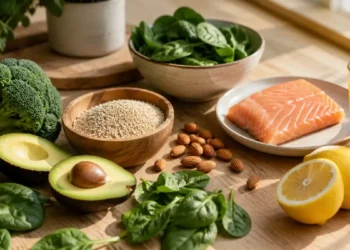 Assortimento di alimenti freschi vegetali, frutta, salmone e mandorle su superficie in legno — ingredienti tipici della dieta alcalina