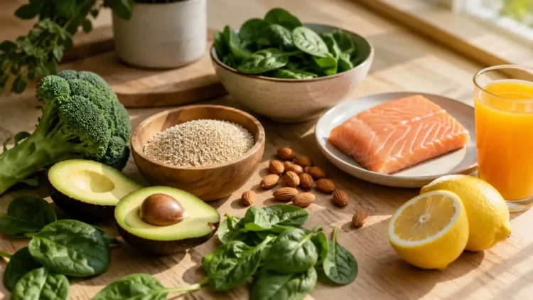 Assortimento di alimenti freschi vegetali, frutta, salmone e mandorle su superficie in legno — ingredienti tipici della dieta alcalina
