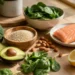 Assortimento di alimenti freschi vegetali, frutta, salmone e mandorle su superficie in legno — ingredienti tipici della dieta alcalina
