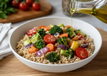 dieta riso integrale con ciotola di riso integrale e verdure fresche