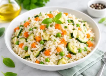 Ciotola di riso con verdure fresche, esempio di pasto leggero per la dieta del riso con schema da 3 e 9 giorni.