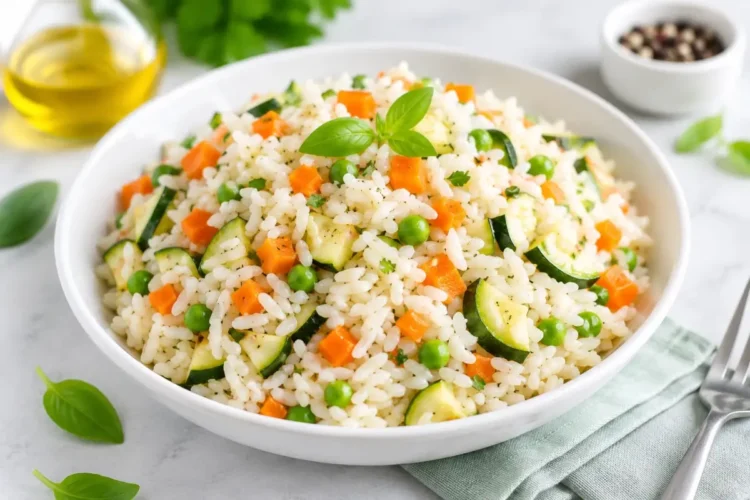 Ciotola di riso con verdure fresche, esempio di pasto leggero per la dieta del riso con schema da 3 e 9 giorni.