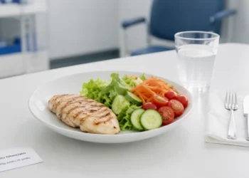 Piatto con proteine magre e verdure, schema dieta Nowzaradan per obesità grave