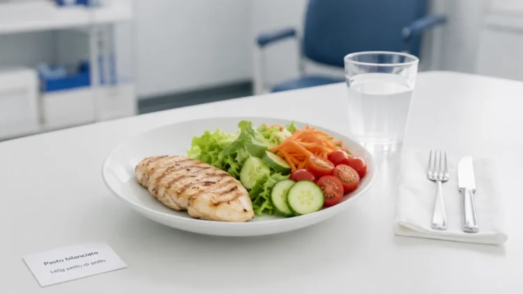 Piatto con proteine magre e verdure, schema dieta Nowzaradan per obesità grave