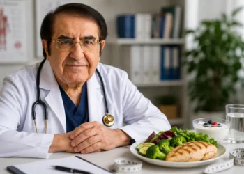 Il dottor Younan Nowzaradan con un pasto sano rappresentativo del protocollo alimentare utilizzato per pazienti con obesità grave.