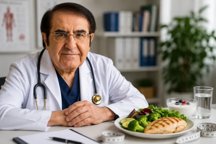 Il dottor Younan Nowzaradan con un pasto sano rappresentativo del protocollo alimentare utilizzato per pazienti con obesità grave.