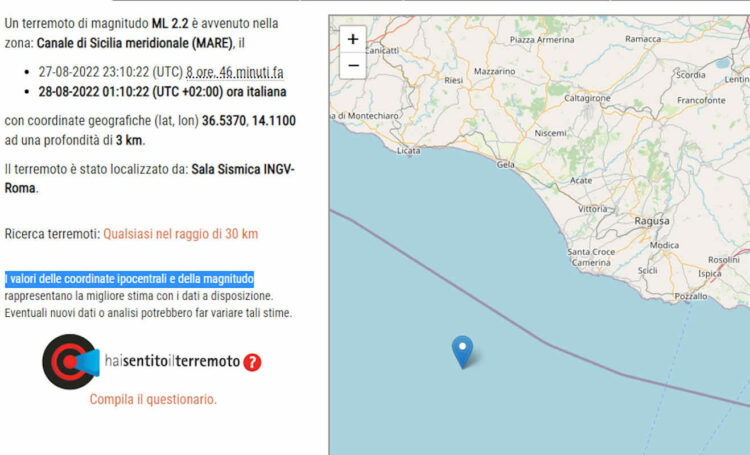 Terremoto nella costa di Ragusa