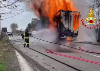 A fuoco autoarticolato carico di bancali in legno