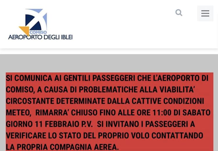 Maltempo, aeroporto di Comiso chiuso fino alle 11 di sabato