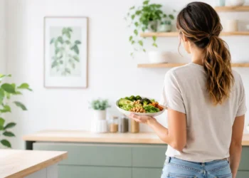 Persona di spalle in cucina luminosa con piatto sano, simbolo di controllo del peso e alimentazione equilibrata.