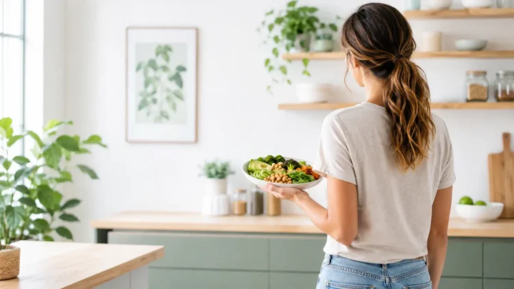 Persona di spalle in cucina luminosa con piatto sano, simbolo di controllo del peso e alimentazione equilibrata.