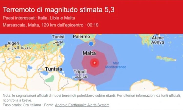 Forte terremoto di magnitudo 5.5 vicino Malta: avvertito in provincia di Ragusa
