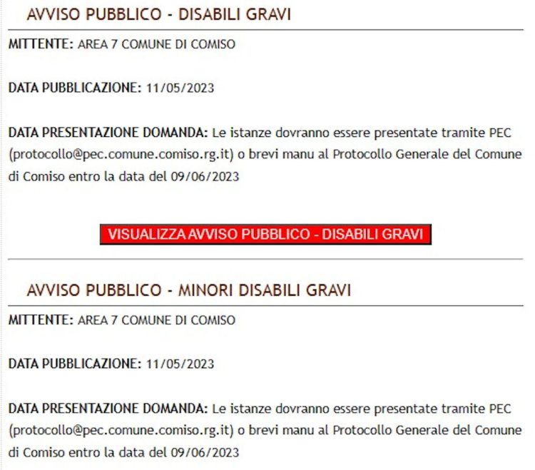Comiso, 2 bandi per disabili gravi con scadenza il 9 giugno