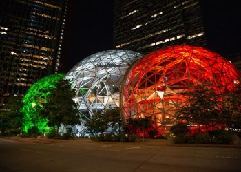 Amazon illumina con il tricolore le sfere del Centro direzionale di Seattle
