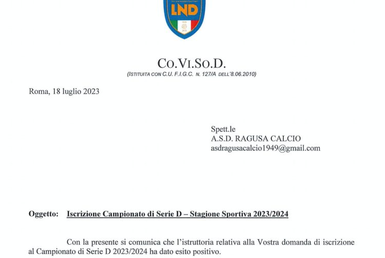 Asd Ragusa Calcio 1949: ok da CoViSoD per iscrizione Campionato di Serie D