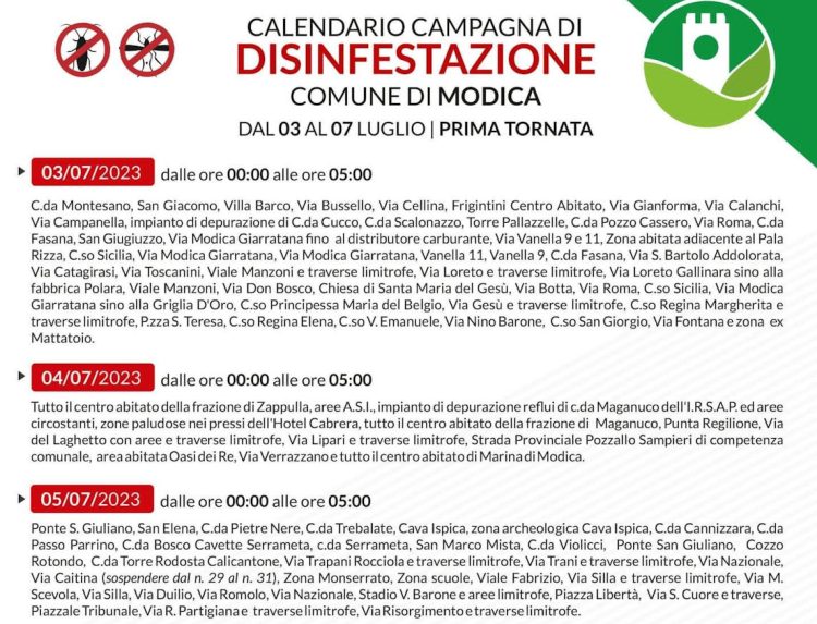 Il calendario della disinfestazione a Modica
