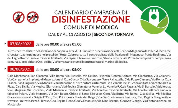 Disinfestazione Modica: le date e le zone della seconda tornata