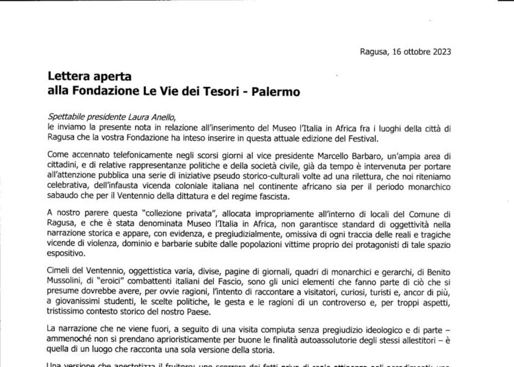 Ragusa, il comitato provinciale antifascista scrive a le vie dei tesori sul museo ‘l’Italia in Africa’
