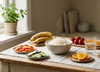 Ingredienti a basso contenuto di FODMAP su un tavolo di legno: riso, carote, fragole, banana e formaggio stagionato.