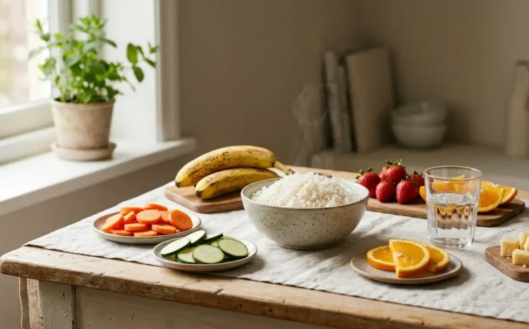 Ingredienti a basso contenuto di FODMAP su un tavolo di legno: riso, carote, fragole, banana e formaggio stagionato.