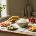 Ingredienti a basso contenuto di FODMAP su un tavolo di legno: riso, carote, fragole, banana e formaggio stagionato.