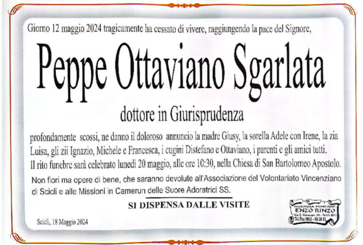 Scicli, domani i funerali di Peppe Ottaviano Sgarlata: 40enne trovato morto in casa