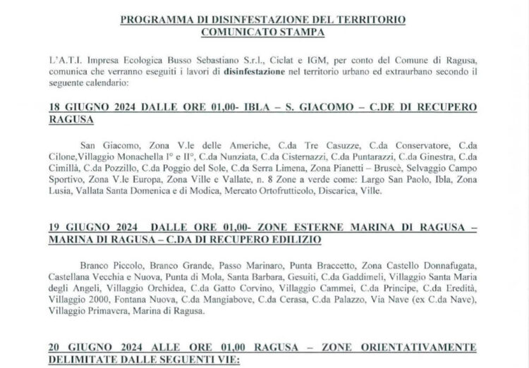 Ragusa, disinfestazione del territorio ibleo: ecco quando