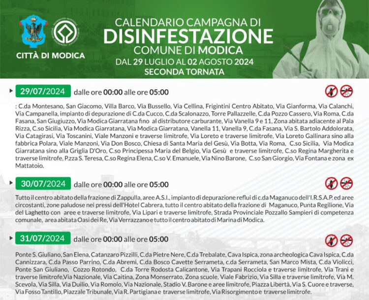 Modica: seconda tornata di disinfestazione: ecco il calendario completo