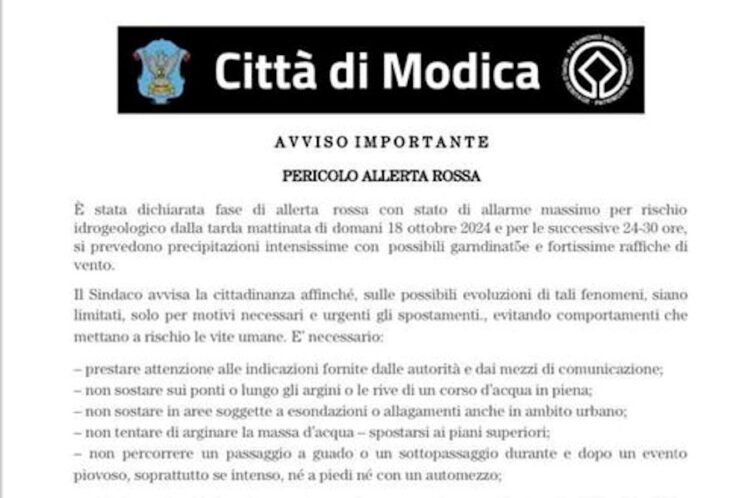 Modica, allerta meteo rossa per domani: è falso