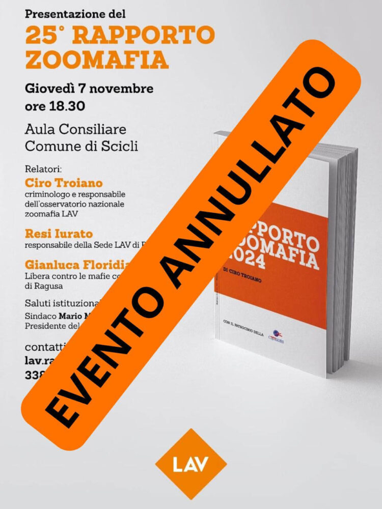 Rapporto Zoomafia 2024 a Scicli: evento annullato